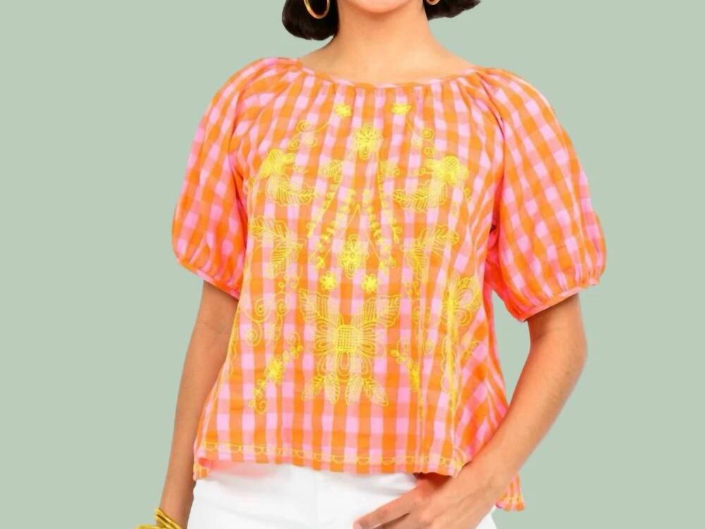 NEW IVY JANE cecile sunny floral check top in orange